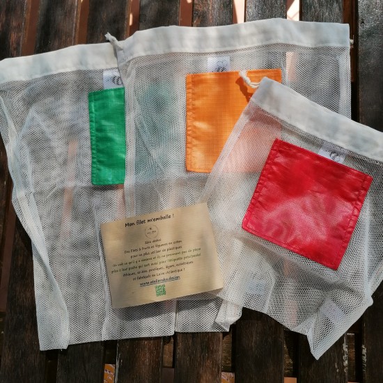 mon filet m'emballe - le lot de 3 filets à fruits et légumes en coton pour éviter l'usage unique des sacs plastiques ou en papier
