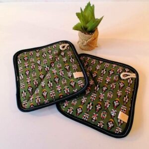 manique en toile de jute recyclée et coton vert mousse motif afrique