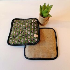 manique vert mousse thème Afrique recto verso coton et toile de jute recyclée